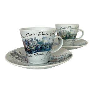 Espresso cups & saucers set by ARTERTRE Paris France White Eiffel Tower Coffee